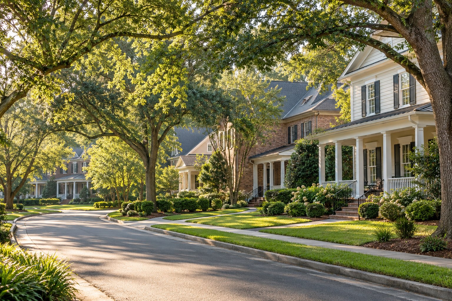 Illustrative residential neighborhood with mature trees and welcoming homes
